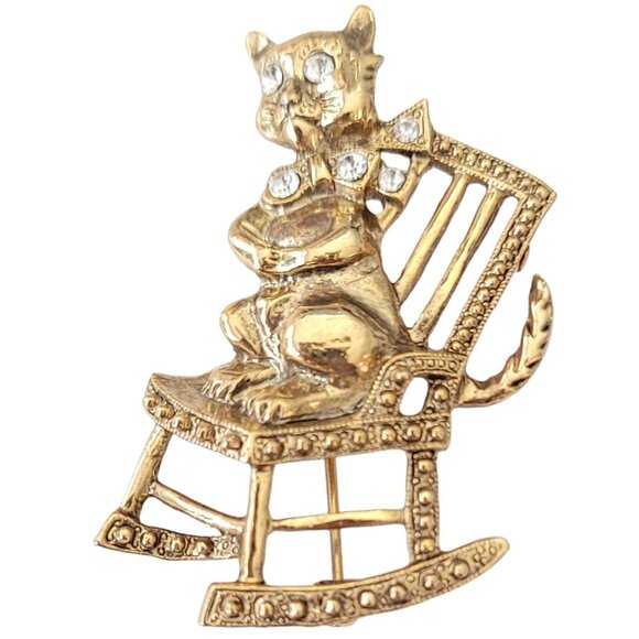 1928 Brand Clear Rhinestone Cat in Rocking Chair Brooch Pin E638 - Picture 4 of 11